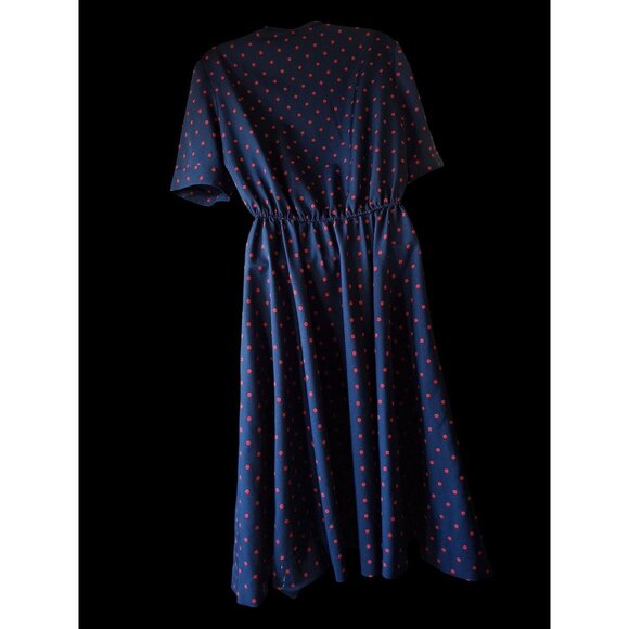 Vtg Navy Blue Dress With Red Polka Dots Button Front Short Sleeves - Picture 8 of 15